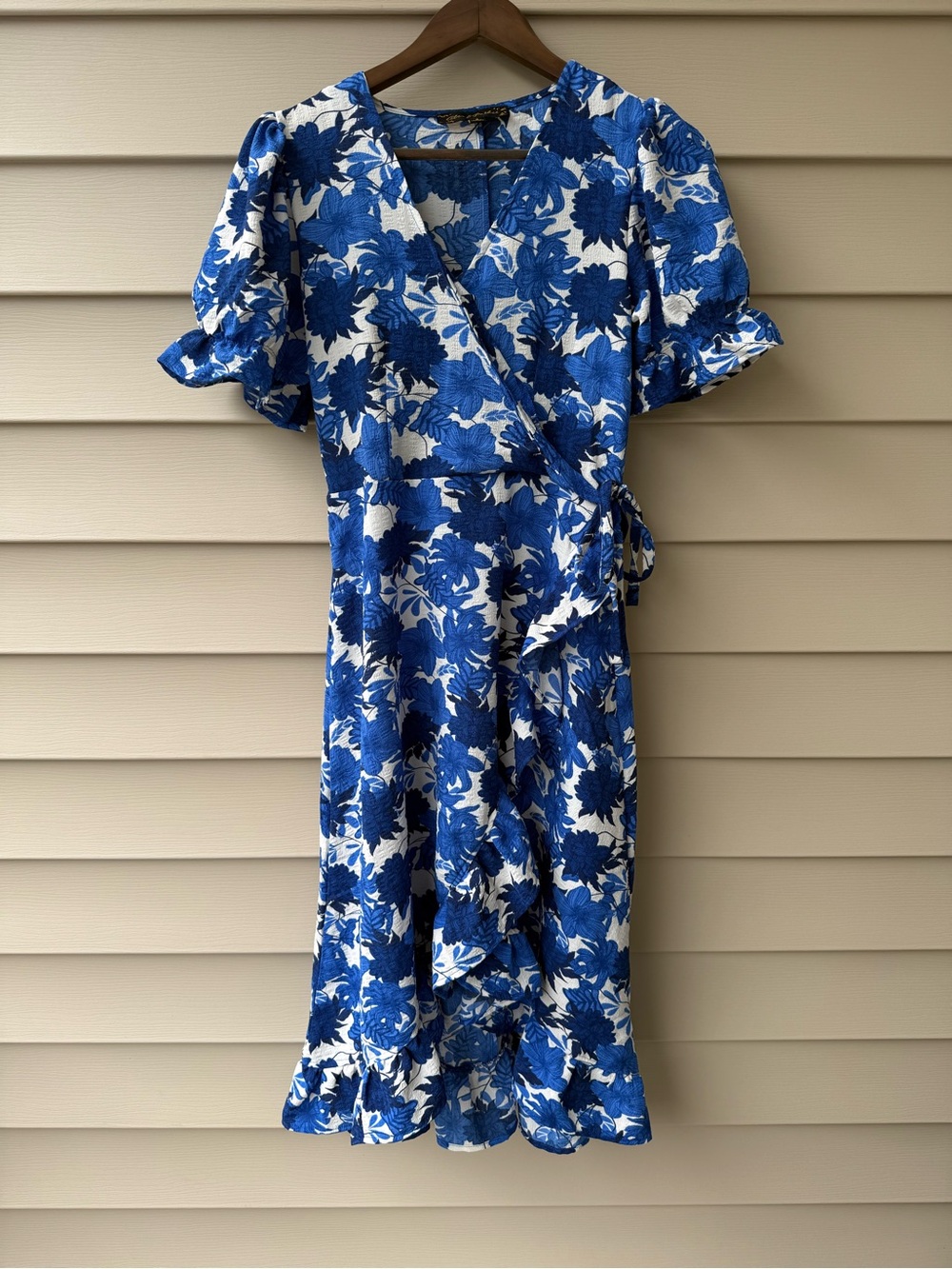 Alex & Parker Blue Floral Wrap Midi Dress Puff Sleeve Size Small